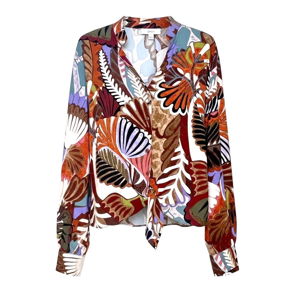 CeCe Women's Size L Button-Up Blouse Tie Front High Low Botanical Split Neck